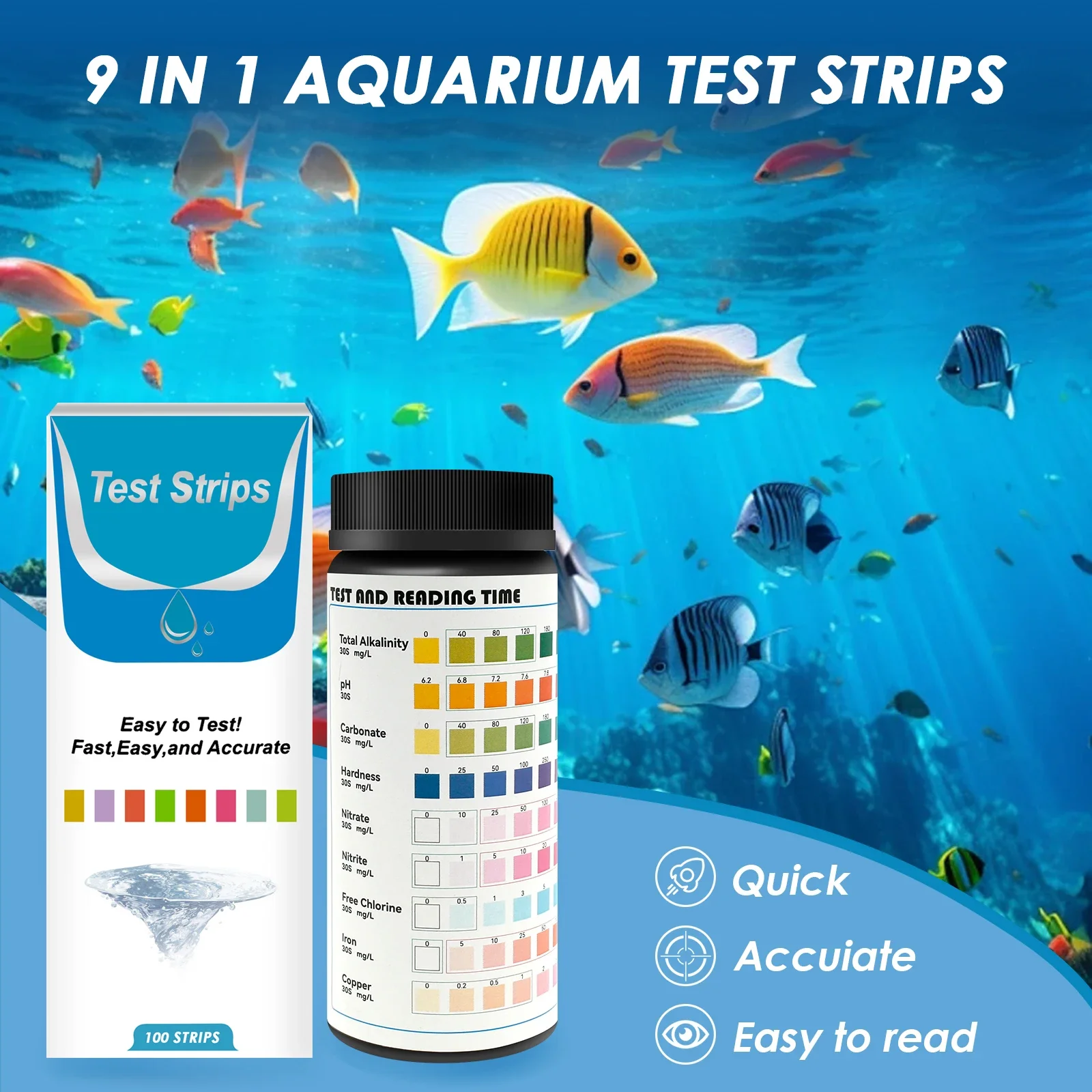 Marine Aquarium Water Test Kit - 100 pièces 9-en-1 Test d'aquarium Kit